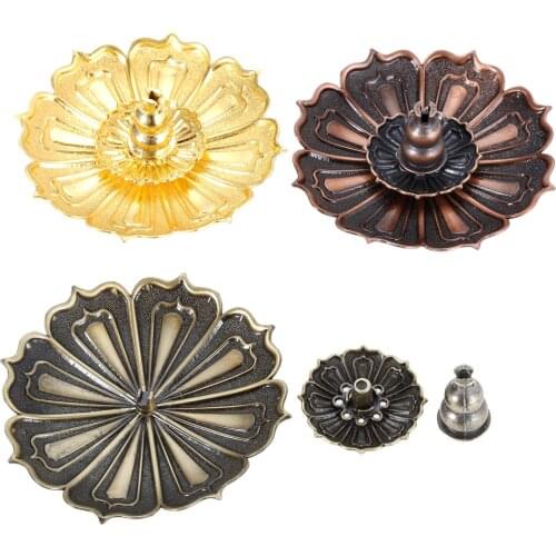 3pcs/set Lotus Incense Burner Holder Red/Gold/Bronze Alloy Buddhism Coil Censer Line Incense Stick Gray Plate Temple Yoga Tea
