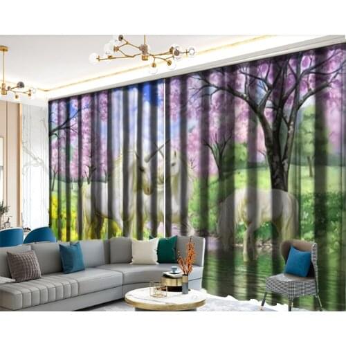 3d Modern Curtain Window 3d Animal Curtains Flowers Blooming Unicorn Stroll Modern Animal Beautiuful Window 3d Curtain