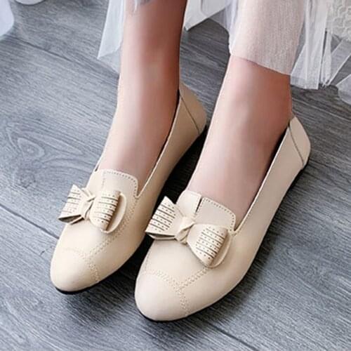 Large Size Summer/Spring Ballet Shoes Lady Flat Heel Shoes Bowknot Pu Leather Soft Sole Women Flats Black Round Head Boat Shoes