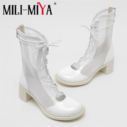 MILI-MIYA Genuine Leather Mesh Ankle Boots Women Fashion Lace Up Black Hollow Out Breathable Sandals Zipper Square Heel Shoes