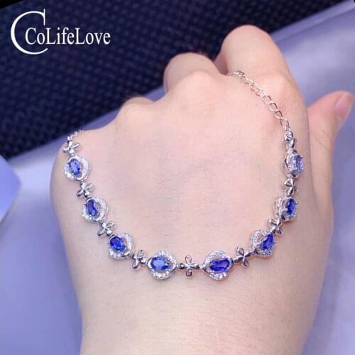 CoLife Jewelry Natural Sri Lanka Sapphire Bracelet for Wedding 8 Pieces 3mm*5mm Sapphire Silver Bracelet Romantic Gift for Woman