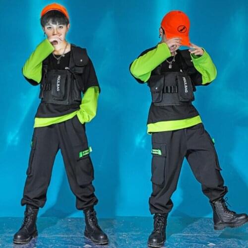Kids Cool Hip Hop Dancing Clothing Black Sweatshirt Tops Tactical Cargo pants Boys Girls Jazz Dance Costume Wear Clothes