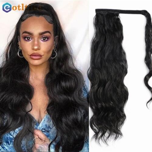Long Wavy Ponytail Human Hair Wrap On Clip in Hairpiece Black Wave Extension African American Pony Tail 26" Body Wave for Women