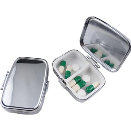 Travel Metal Pill Box 2- Lattice Grid Portable Rectangle Container Storage Case 56*42*14mm
