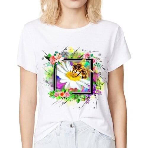 Colorful flower and bee t shirt femme 2019 summer new white casual short sleeve kawaii honeybee tshirt