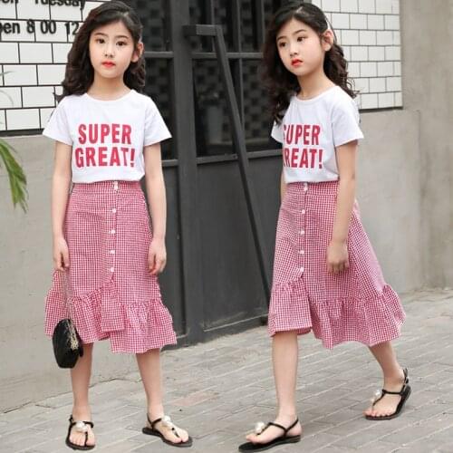 5-12 Years Children Girls Clothes Set Short Sleeve T-Shirt + Red Plaid Skirts Summer Fashion Outfit Kids Girls Clothes Suit
