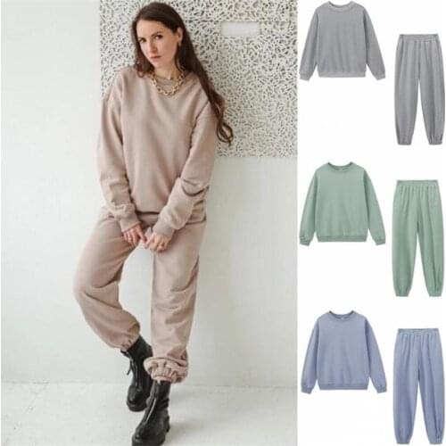 2 Piece Set Tracksuits Women Sweatshirt Sweatpants Winter Autumn 2021 Fleece O Neck Sportswear Elastic Waist Loose Pants Sets