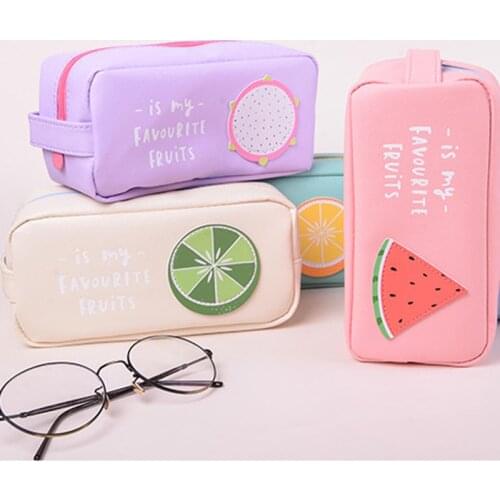 Kawaii Fruit Penal Pencil Case Cute Korean PU School Pencil Case for Boys Girls Large Big Zipper Pen Bag Box Stationery Pouch