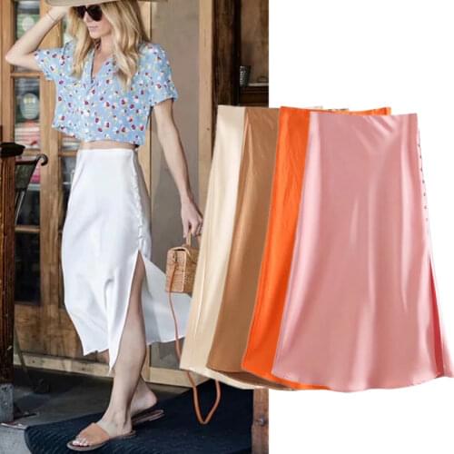 Dave&Di ins fashion blogger vintage solid satin buttons forking sexy midi faldas mujer moda 2020 long skirt women