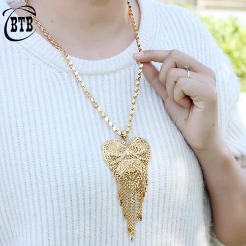 Muslim Fashion New Heart-shaped Tassel Long Gold Jewelry Ladies Charm Pendant Necklace Wedding Event Party Gift Wholesale