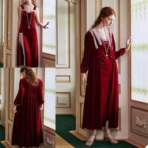 2 Pieces Velvet Night Gown Bride Sleepwear Elegant Long Robes Lace Appliqued Custom Made Side Split Gorgeous Sleepwear Dresses