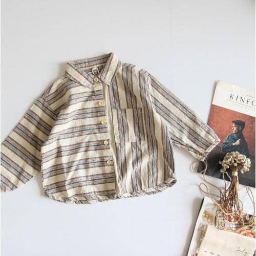 2021 new girls boys striped shirt cotton linen full sleeve autumn kids top