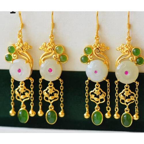 Original new silver inlaid Hetian jade jasper tassel earrings Chinese style retro charm ladies brand silver jewelry