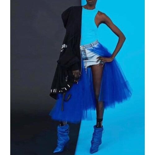 Runway Women Midi Jeans Tutu Tulle Splice High Quality Mesh Ball Gown Fashion Designer Luxury Denim Skirt Female New