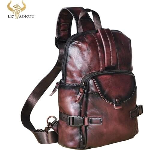 Men Genuine Cow Leather Casual Fashion Wine Triangle Cross-body Chest Sling Bag Design Travel One Shoulder Bag Daypack Male 3028