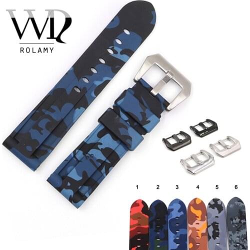 Rolamy 22 24mm Camo Blue Black Grey Red Waterproof Silicone Rubber Replacement Watch Band Loops Strap For Panerai Luminor