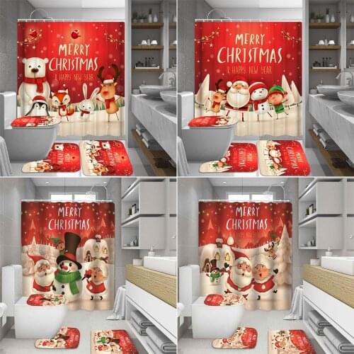 Santa Claus Bathroom Non-slip Carpet Toilet Cover Snowman Bath Curtains Mat Merry Christmas Shower Curtain Set Home Decor