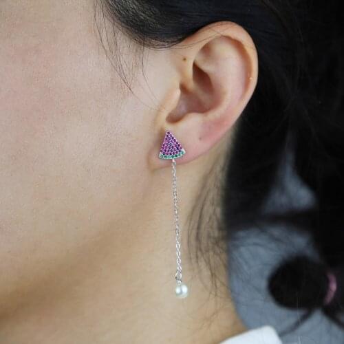 High Quality dangle pearl beaed watermelon charm colorful cz paved cute girl women elegant earring 2021 Valentines Day Gift
