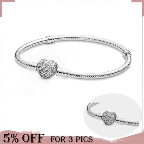 2021 Trendy 925 Sterling Silver Bracelet Sparkling Heart Pavé Clasp Snake Chain Bracelet Women Original Jewelry Gift