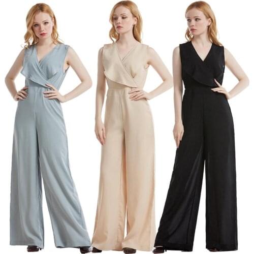 Summer Jumpsuit Solid Color Sleeveless V Neck Women Romper Elegant European and American Womens High Waist Wide Leg Jumpsuits