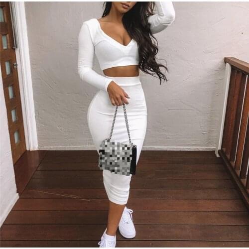 Sexy Two Piece Set V-neck Long Sleeve Crop Top Long Skirt Set Party Clothing Sets Outfit Women Two Piece Outfits 2021