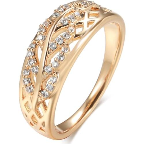 Kinel New Hot Fashion Natural Zircon Leaf Ring for Women 585 Rose Gold Geometric Hollow Line Wave Ring Vintage Wedding Fine Jewe