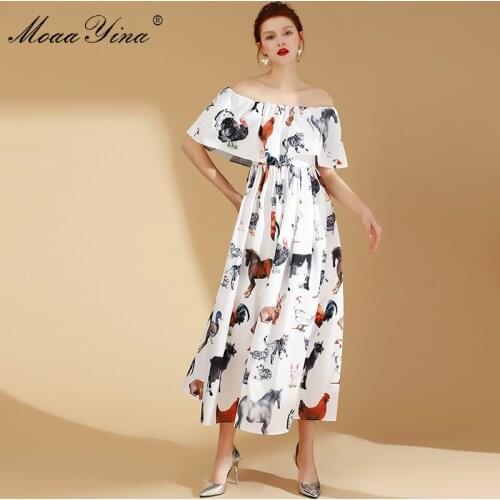 MoaaYina Fashion Designer Runway Dress Summer Womens Sexy off shoulder Cloak Sleeves Animal Print Vacation Party Elegant Dresse