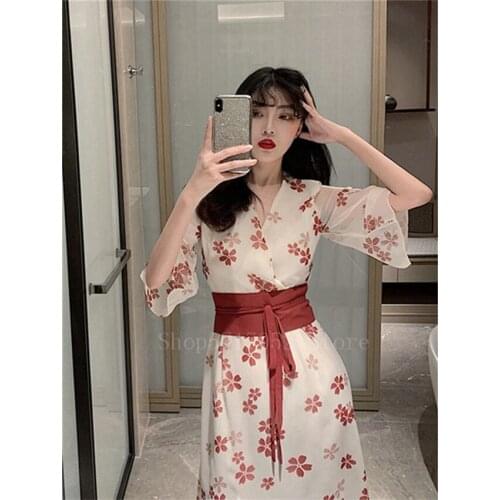 Woman Summer Japanese Style Dress Harajuku Vintage Floral Elegant Beach Wear Half Sleeve Lady Retro Thin Japan Party Dress