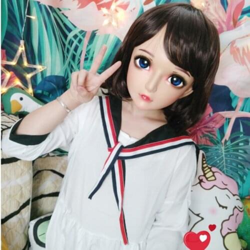 Zhi-3)Female Sweet Girl Resin Half Head Kigurumi Mask With BJD Eyes Cosplay Japanese Anime Role Lolita Mask Crossdress Doll