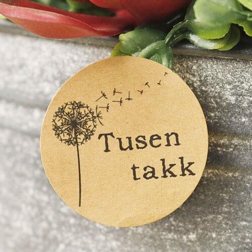 120pcs Norwegian Tusen Takk Sealing Sticker Dandelion Round Thank You Paper Sticker Party Gift Packing Sticker Cake Baking Label