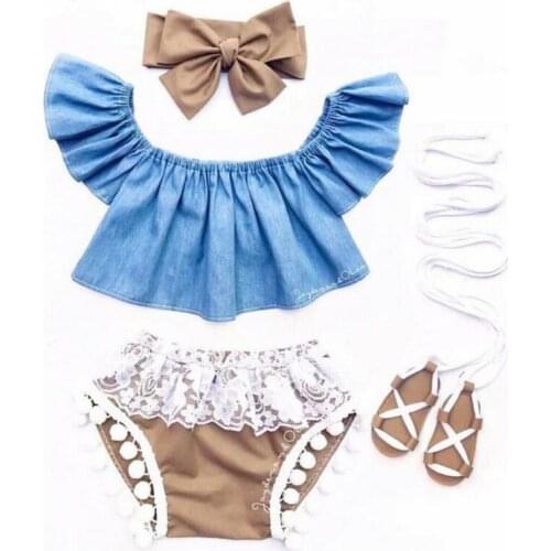 Free shipping Toddler Kids Baby Girls Clothes 3PCS Outfits Denim T-shirt Tops +Lace Shorts