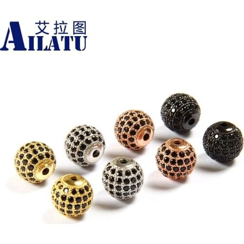 Ailatu 10mm Copper Ball with 5 Line Micro Inlay Black Cz Decorated for DIY Fashion Bracelet Jewelry