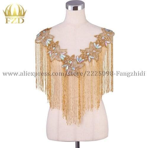 FZD 1 Piece Tassel Gold Bead clothing Beads Fringe Rhinestone Applique Patches with Gauze for Wedding Dress stickers for clothes