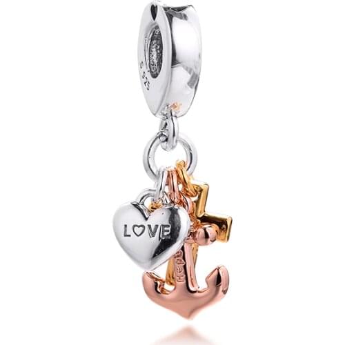 Fits for Pandora Beads Bracelets Triple tone Cross Heart Anchor Dangle Charms 100% 925 Sterling Silver Jewelry Fashion Gift