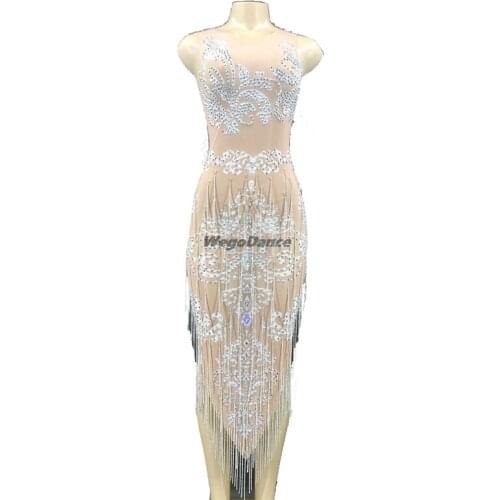 Sparkly Pearls Crystals Mesh Long Dress Womens Birthday Tassel See Through Lace Dress Stage Costume Dance Outfit