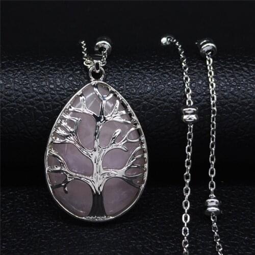 Tree of Life Natural Pink Crystal Stainless Steel Long Necklaces Silver Color Women Necklace Jewelry uzun kolye NPA1S04