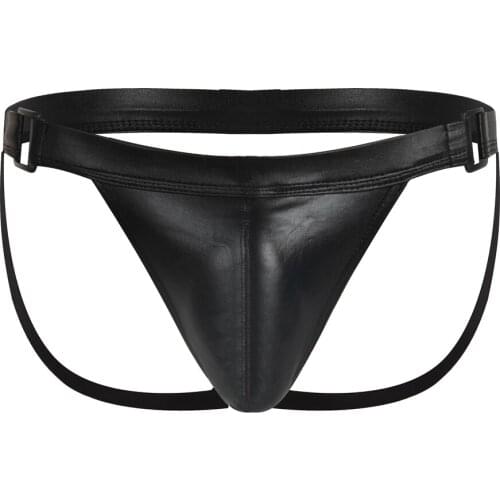 Men Thong Sexy Gay Underwear Male PU Hollow Open Back Jockstrap Tanga Hombre Erotic Hoop Ring Faux Leather Male Underpants S-XL