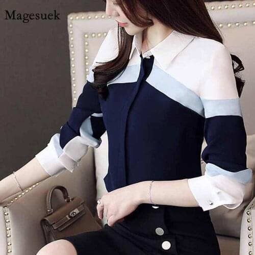 Elegant Fashion Spliced Lapel Office Lady Women Blouses 2020 Womens Long Sleeve Chiffon Blouse Long Sleeve Ladies Tops 5302