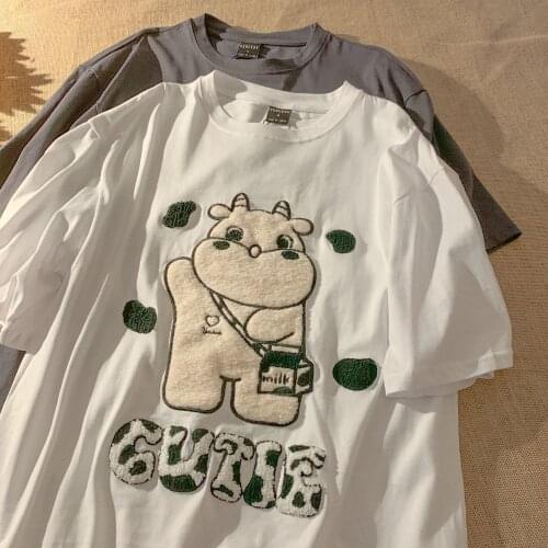 Milk Cow Print Embroidery T Shirts Cotton Comfort Summer Plus Size Tops for Teens Kawaii Girls Y2k Top 2021 Korean Japan Fashion