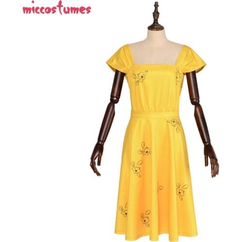 Mia Costume La La Land Cosplay Bright Yellow Cap Sleeve Cocktail Floral Party Dress