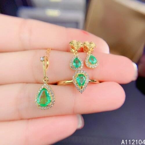 KJJEAXCMY fine jewelry 925 sterling silver natural emerald women luxury elegant water drop earrings ring pendant suit support de