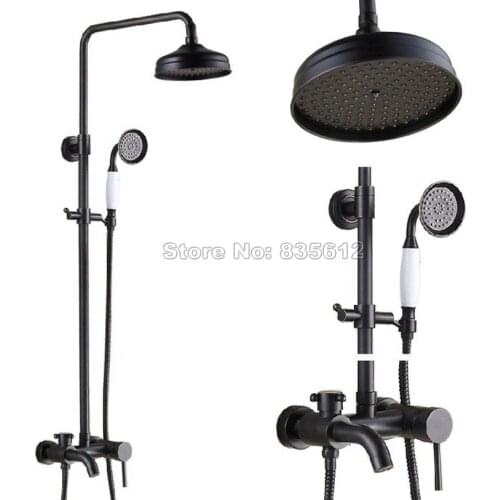 Classic Black Oil Rubbed Brass Bathroom 8" inch Rainfall Shower Faucet Set +Ceramic Hand Spray +Wall Mount Tub Mixer Taps Wrs343