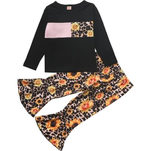 2PCS Sets Floral Sunflowers Clothes Toddler Kid Baby Girl Sunflower Print Patchwork Long sleeve Tops+Flare Pants Outfits