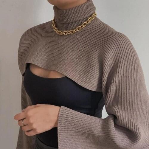 Fashion Knitted Turtleneck Sweater Pullovers Women Winter Sexy Crop Tops Flare Sleeve Pullover Shawl Sweater Loose Streetwear