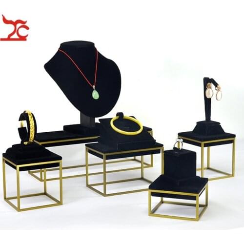 Fashion Stainless Steel Jewelry Display Rack Black Velvet Ring Pendant Earrings Bangle Window Organizer Display Stand Counter