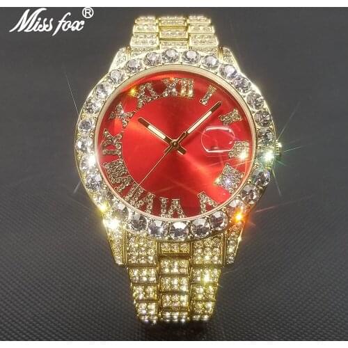 MISSFOX Hip Hop Mens Watches Luxury Full Diamond Gold Bracelet Watch Fashion Iced Out Stainless Steel Women Big Size Wristwatch
