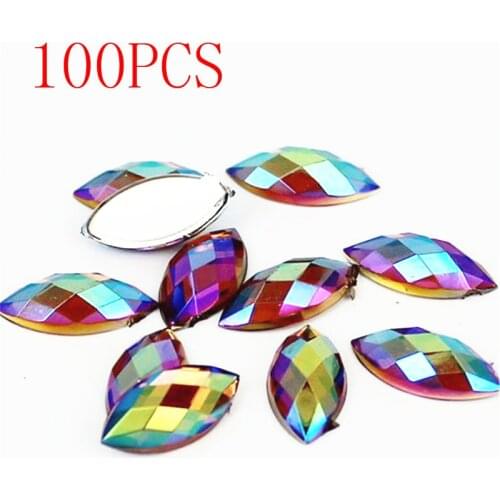 Hot Sale 100Pieces Flat Back Marquise Earth Facet Crystal yellow AB Acrylic Horse eye Shape Rhinestone nail Decorate Nail art