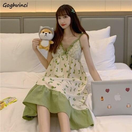 Nightgowns Women Fashion Summer Loose Cute Leisure Print Korean Style Sleepwear Spaghetti Strap All-match Female Cozy Elegant