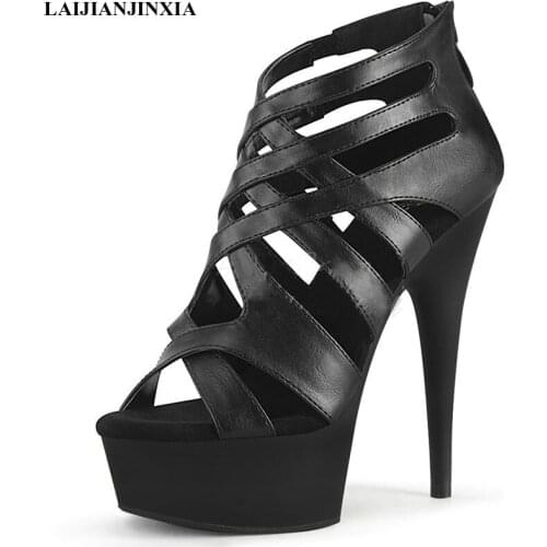 LAIJIANJINXIA New Rome Hollow Gothic Womens Sandals 15 CM Super High Stripper Heeled Pole Dance Shoes Thick Platform Sandals
