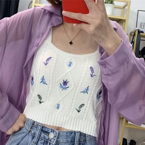 Pearl Diary Women Knitted Crop Camis Top Ladies Floral Embroidery Knitted Short Vest Summer Sweater Vintage Tank Crop Camis Top